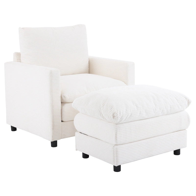 Fauteuil surdimensionné en velours côtelé ivoire avec pouf