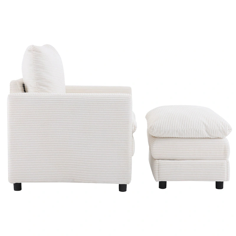 Fauteuil surdimensionné en velours côtelé ivoire avec pouf