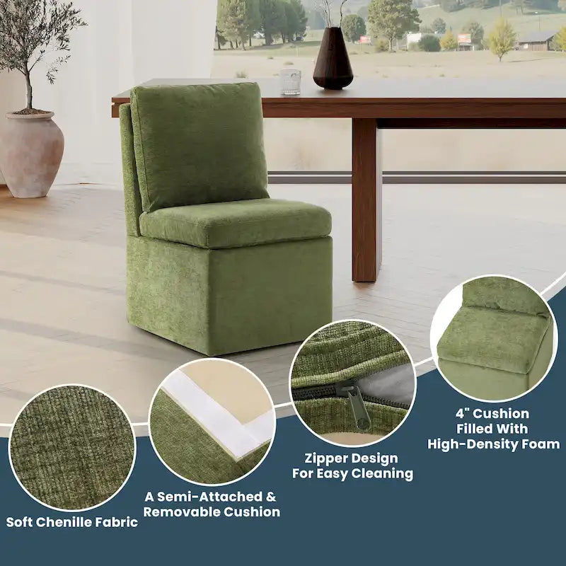 Chaise de salle à manger capitonnée en chenille Stansberry avec rangement sous l'assise et roulettes