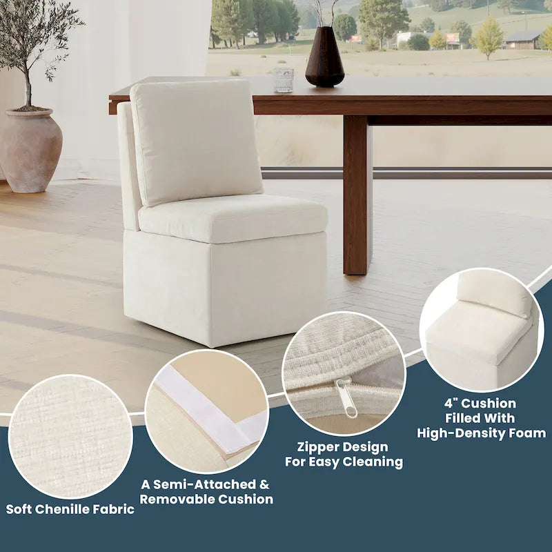 Chaise de salle à manger capitonnée en chenille Stansberry avec rangement sous l'assise et roulettes