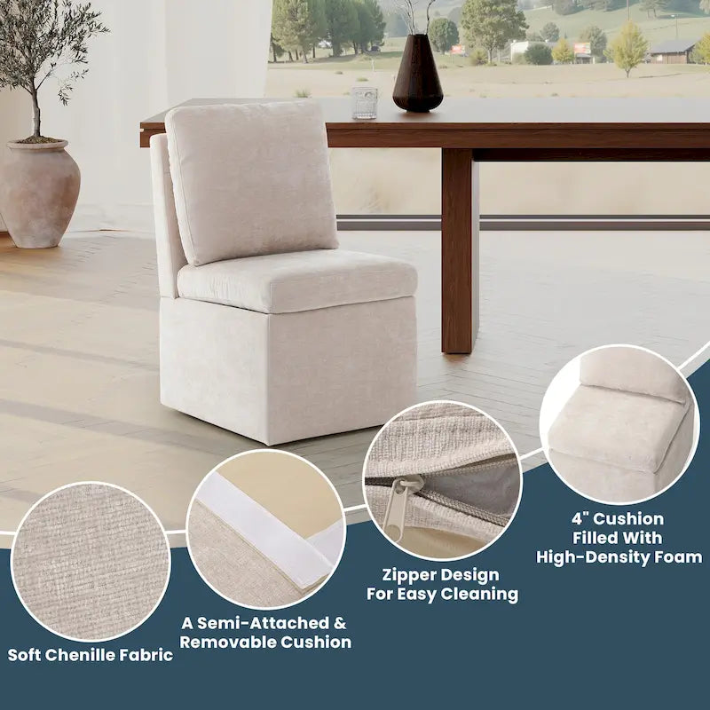 Chaise de salle à manger capitonnée en chenille Stansberry avec rangement sous l'assise et roulettes