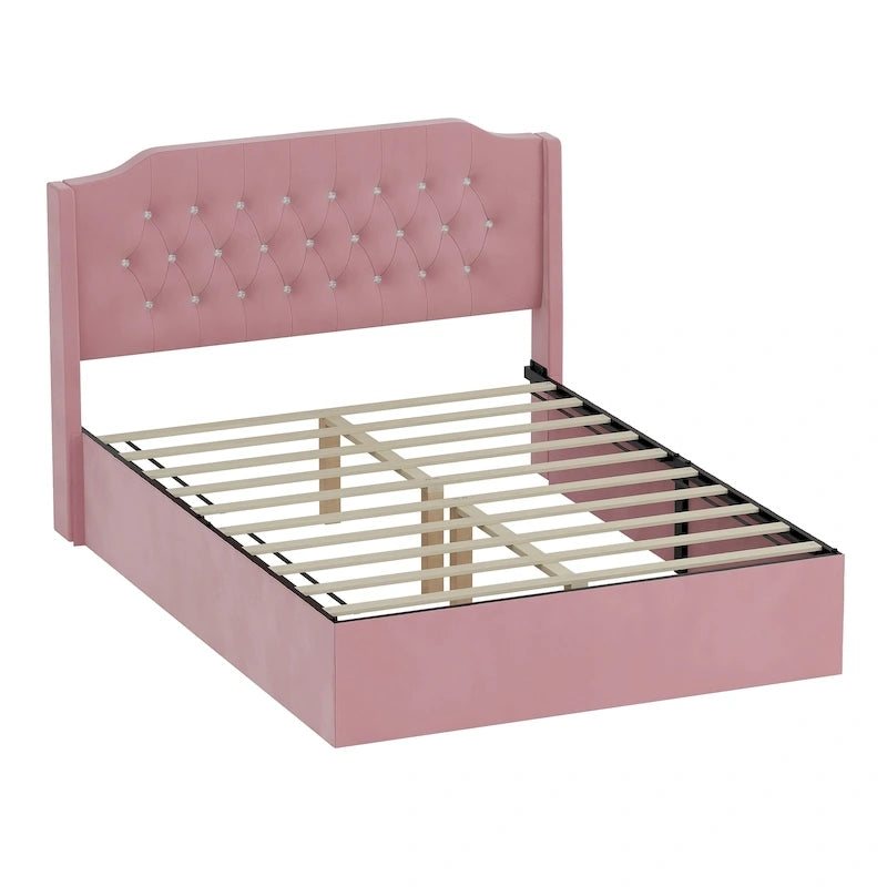 Cadre de lit capitonné Queen Size avec boutons en cristal, tête de lit à oreilles et rangement sous le lit, Rose