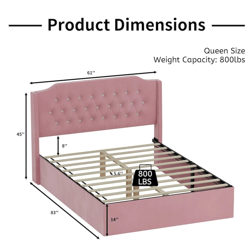 Cadre de lit capitonné Queen Size avec boutons en cristal, tête de lit à oreilles et rangement sous le lit, Rose