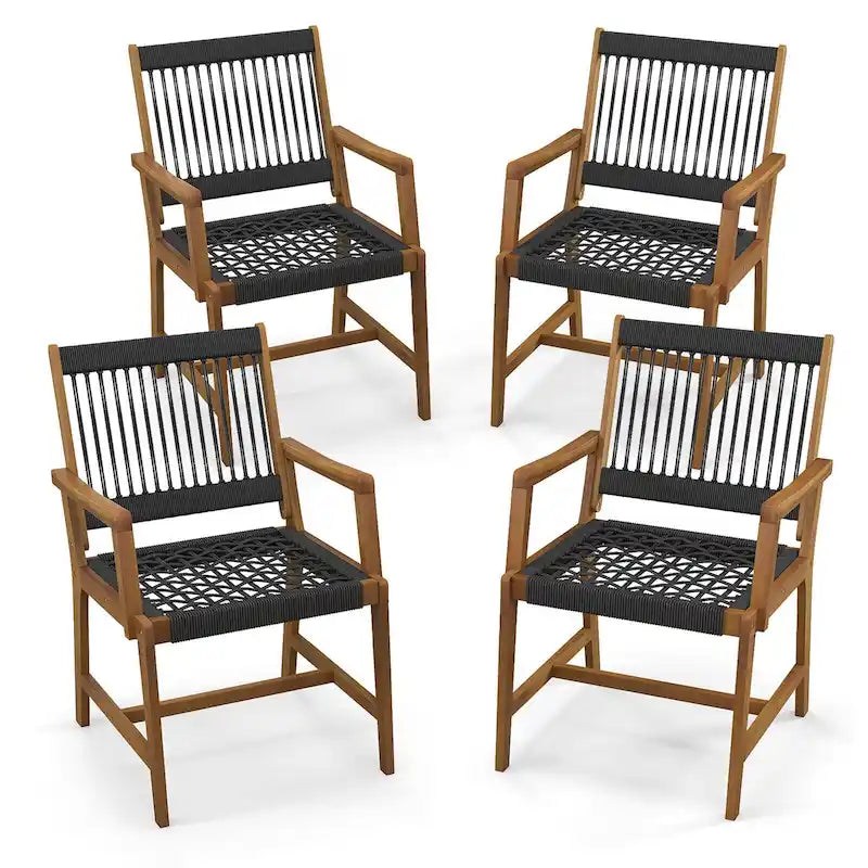 Chaises de salle à manger d'extérieur tressées en corde noire et naturelle, lot de 4