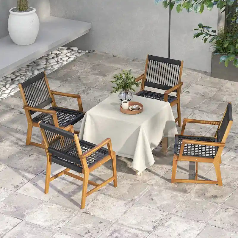 Chaises de salle à manger d'extérieur tressées en corde noire et naturelle, lot de 4