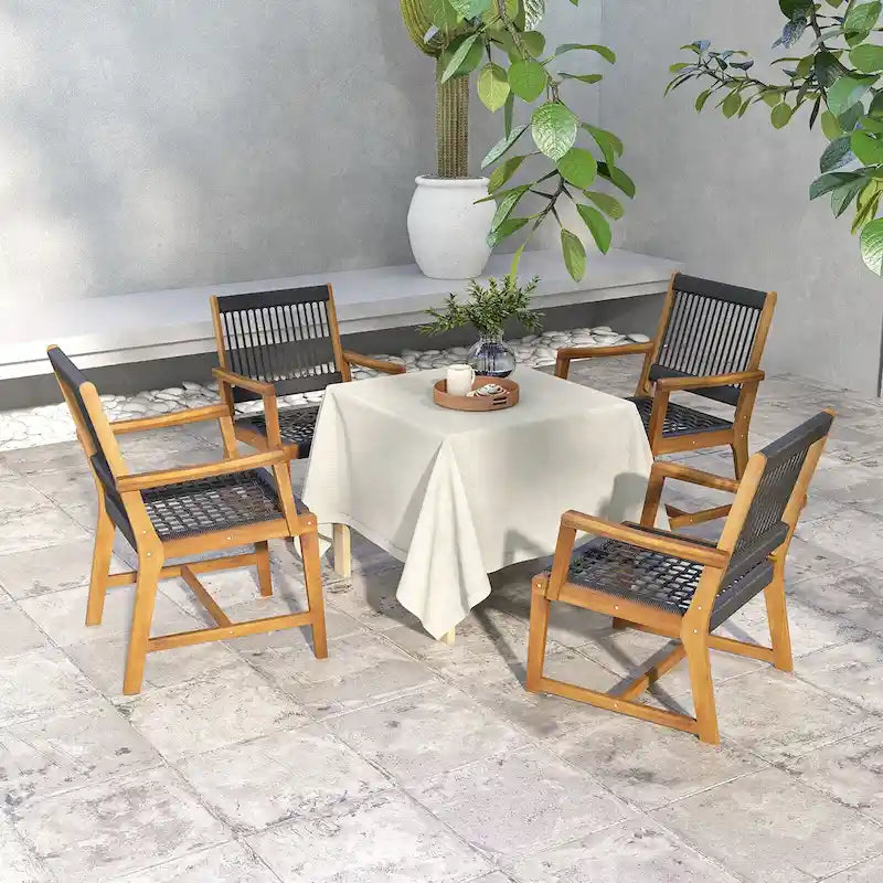 Chaises de salle à manger d'extérieur tressées en corde noire et naturelle, lot de 4