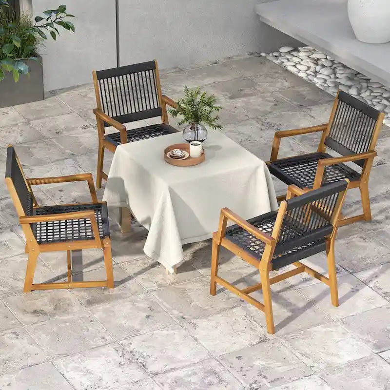 Chaises de salle à manger d'extérieur tressées en corde noire et naturelle, lot de 4