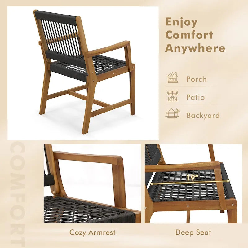 Chaises de salle à manger d'extérieur tressées en corde noire et naturelle, lot de 4