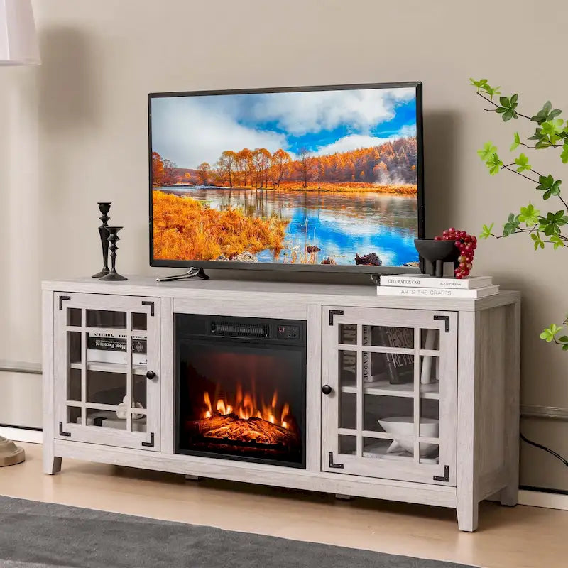 Meuble TV avec cheminée électrique 58 po pour téléviseurs jusqu'à 65 po – Blanc / Naturel / Noir
