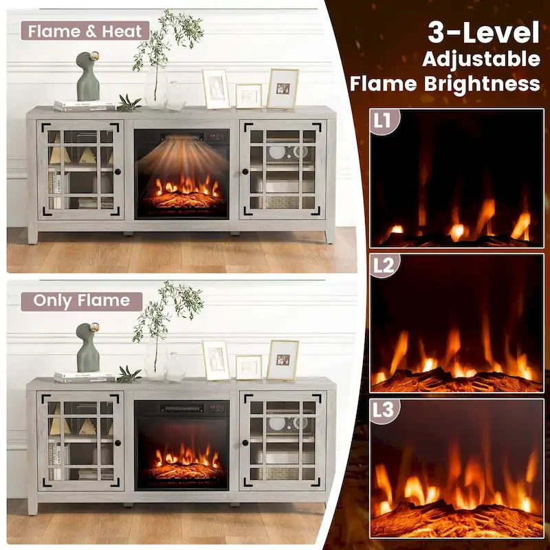 Meuble TV avec cheminée électrique 58 po pour téléviseurs jusqu'à 65 po – Blanc / Naturel / Noir