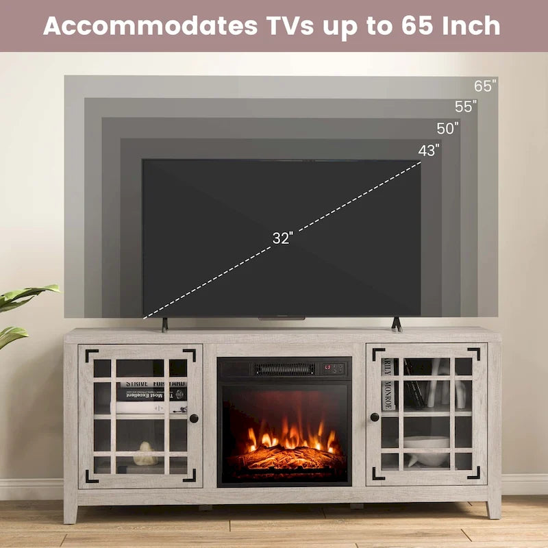 Meuble TV avec cheminée électrique 58 po pour téléviseurs jusqu'à 65 po – Blanc / Naturel / Noir