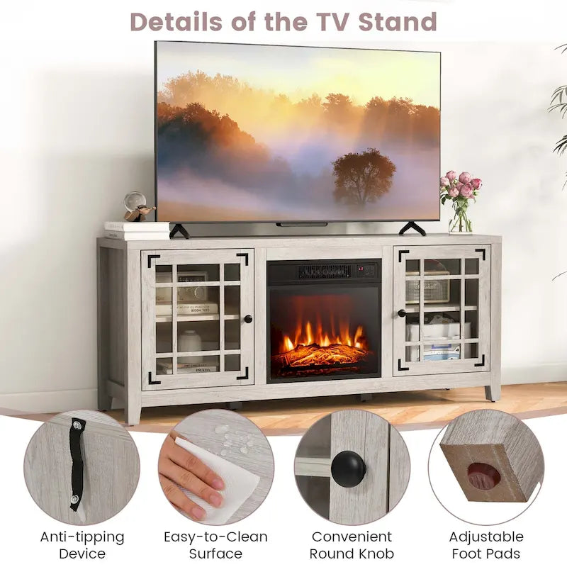 Meuble TV avec cheminée électrique 58 po pour téléviseurs jusqu'à 65 po – Blanc / Naturel / Noir
