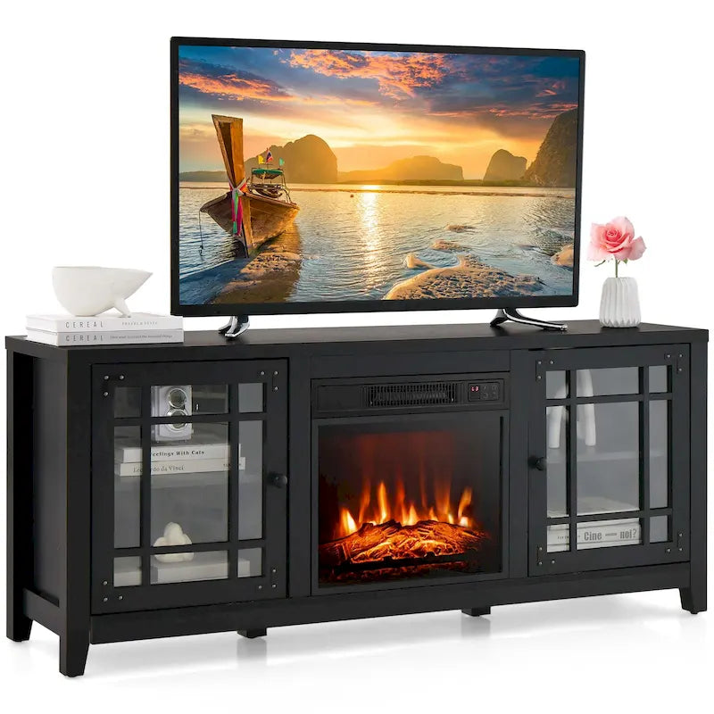 Meuble TV avec cheminée électrique 58 po pour téléviseurs jusqu'à 65 po – Blanc / Naturel / Noir