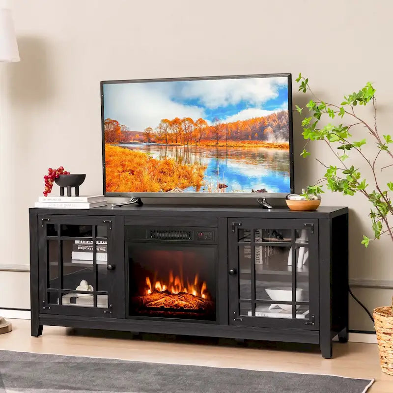 Meuble TV avec cheminée électrique 58 po pour téléviseurs jusqu'à 65 po – Blanc / Naturel / Noir