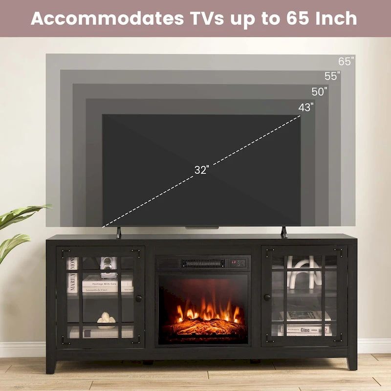 Meuble TV avec cheminée électrique 58 po pour téléviseurs jusqu'à 65 po – Blanc / Naturel / Noir