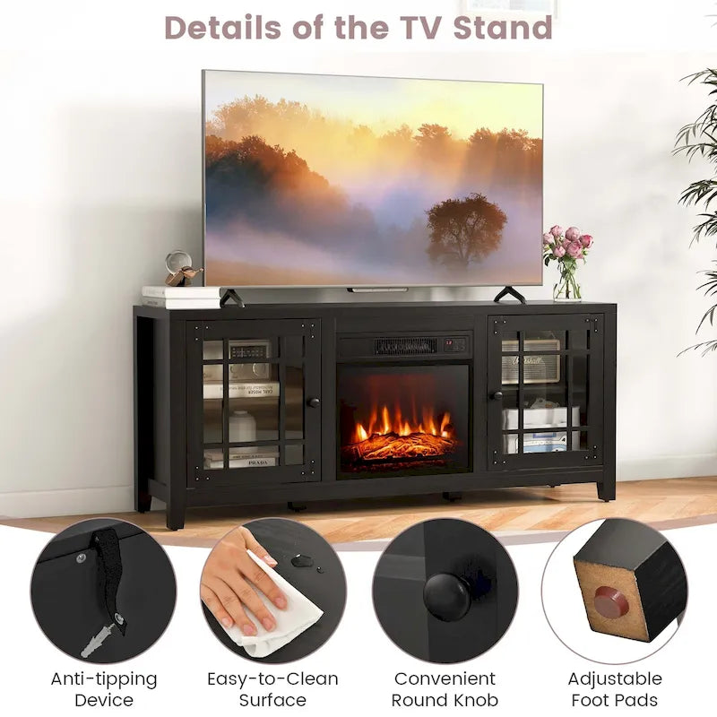 Meuble TV avec cheminée électrique 58 po pour téléviseurs jusqu'à 65 po – Blanc / Naturel / Noir