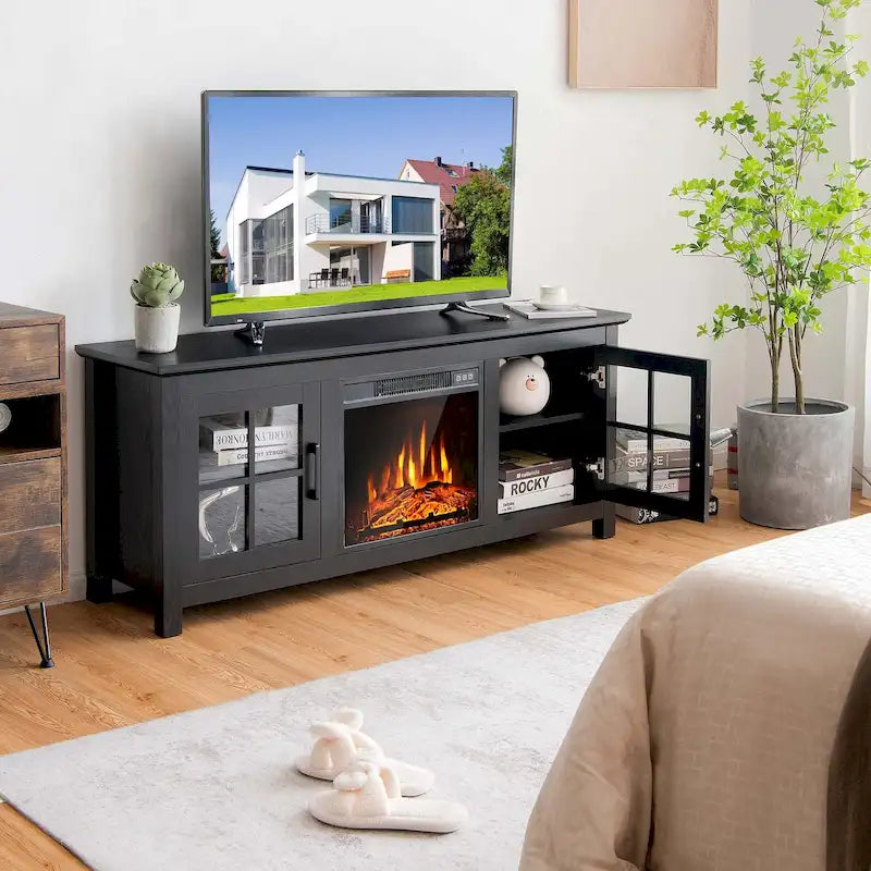 Meuble TV avec cheminée électrique 58 po pour téléviseurs jusqu'à 65 po – Blanc / Naturel / Noir