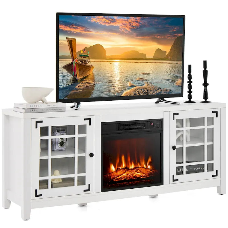 Meuble TV avec cheminée électrique 58 po pour téléviseurs jusqu'à 65 po – Blanc / Naturel / Noir