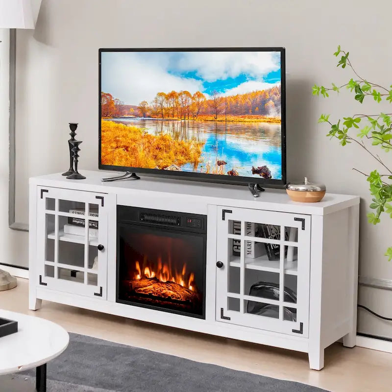 Meuble TV avec cheminée électrique 58 po pour téléviseurs jusqu'à 65 po – Blanc / Naturel / Noir
