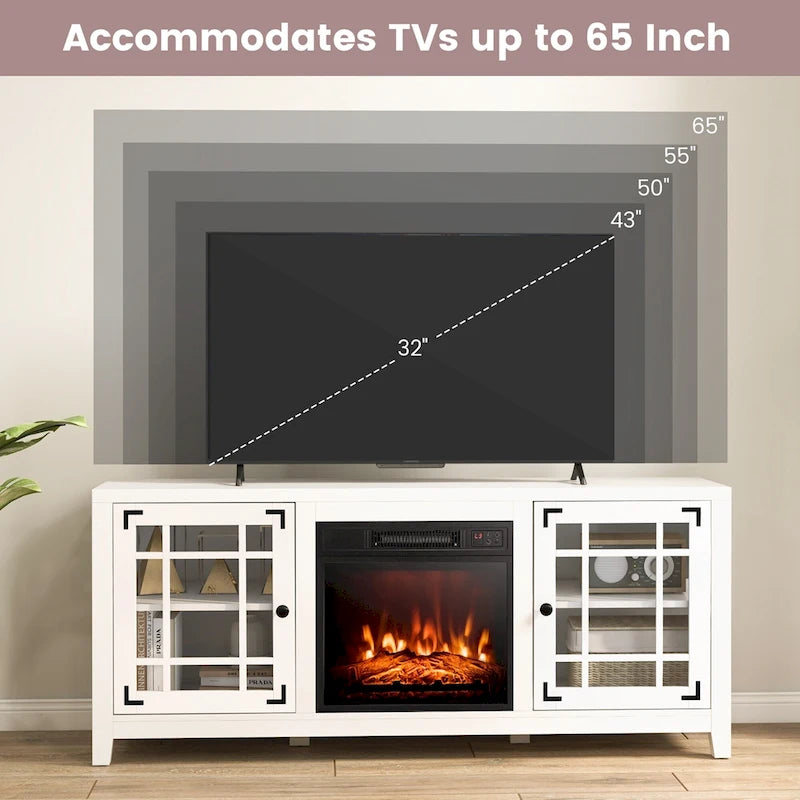 Meuble TV avec cheminée électrique 58 po pour téléviseurs jusqu'à 65 po – Blanc / Naturel / Noir