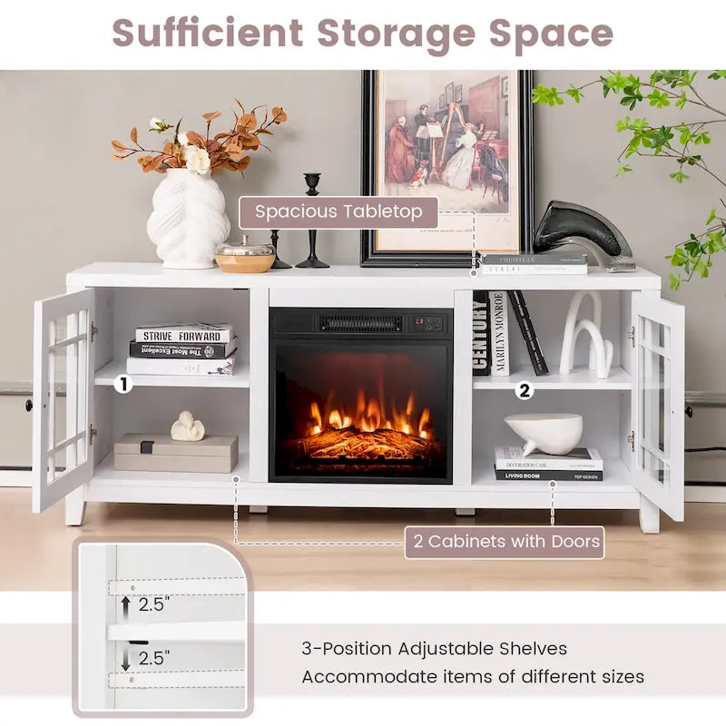 Meuble TV avec cheminée électrique 58 po pour téléviseurs jusqu'à 65 po – Blanc / Naturel / Noir