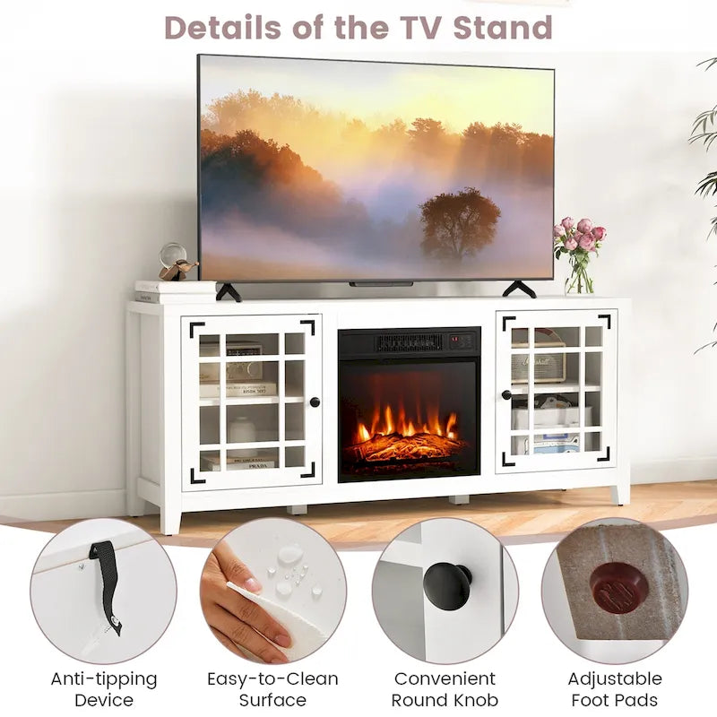 Meuble TV avec cheminée électrique 58 po pour téléviseurs jusqu'à 65 po – Blanc / Naturel / Noir