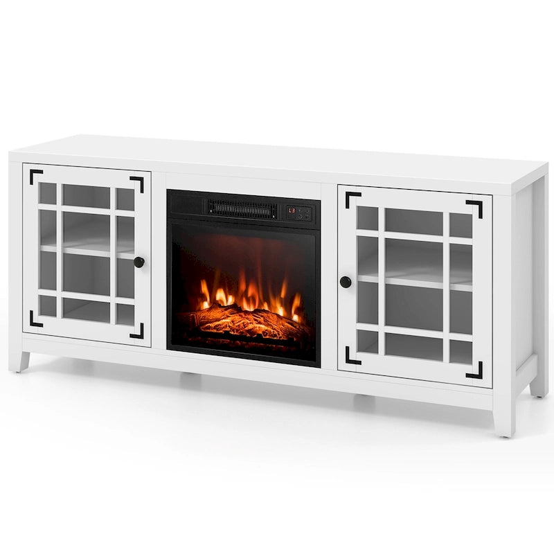 Meuble TV avec cheminée électrique 58 po pour téléviseurs jusqu'à 65 po – Blanc / Naturel / Noir