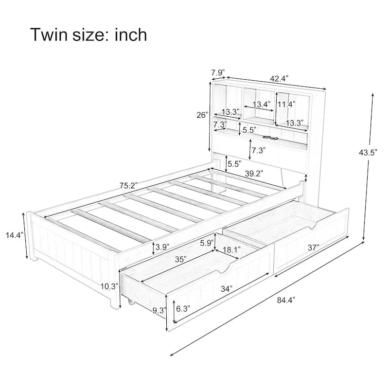 Lit plate-forme de rangement avec 2 tiroirs sous le lit, lit capitaine en bois avec tête de lit bibliothèque intégrée, lumière d'appoint et station de recharge