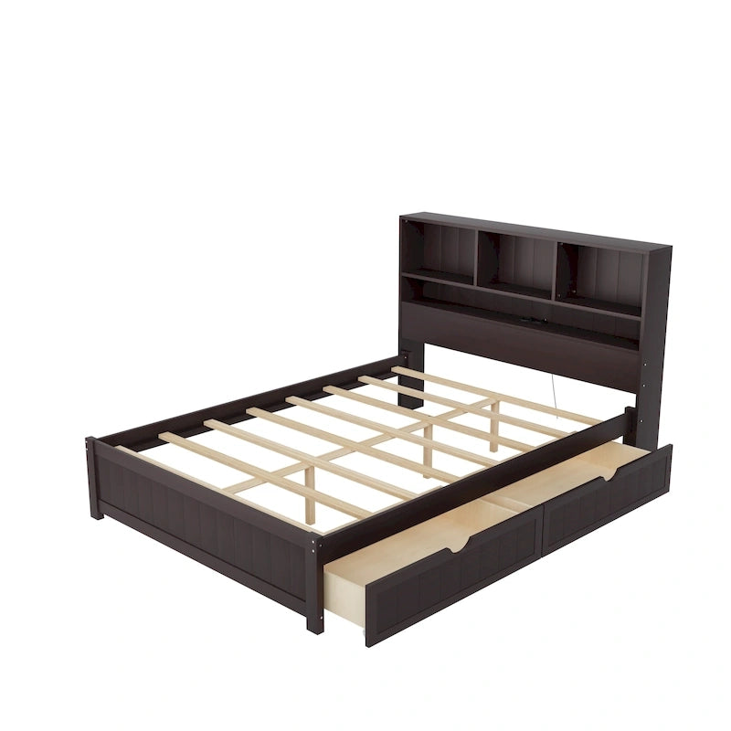 Lit plate-forme de rangement avec 2 tiroirs sous le lit, lit capitaine en bois avec tête de lit bibliothèque intégrée, lumière d'appoint et station de recharge