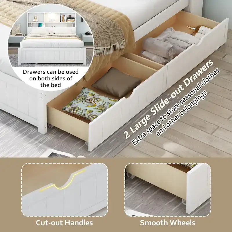 Lit plate-forme de rangement avec 2 tiroirs sous le lit, lit capitaine en bois avec tête de lit bibliothèque intégrée, lumière d'appoint et station de recharge