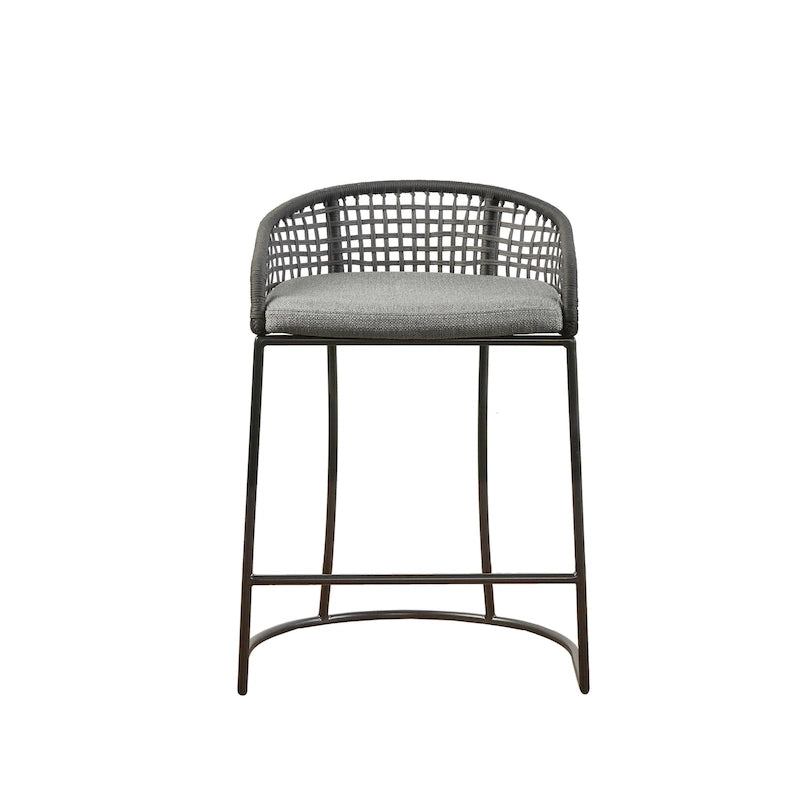Tabouret de comptoir à dossier en corde tressée 1 place, hauteur d'assise 63,5 cm – Naturel / Gris foncé