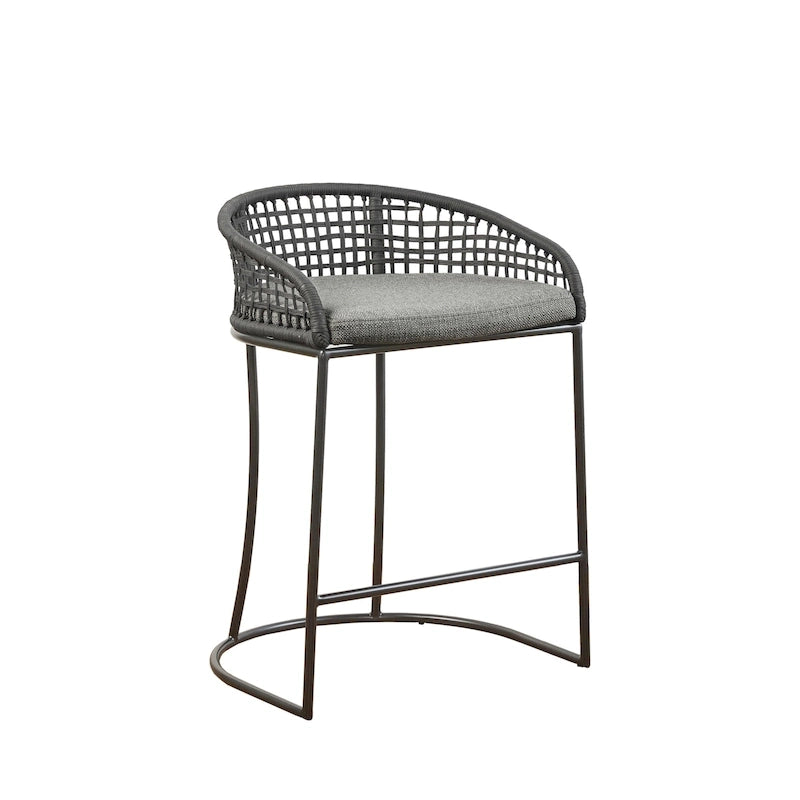 Tabouret de comptoir à dossier en corde tressée 1 place, hauteur d'assise 63,5 cm – Naturel / Gris foncé