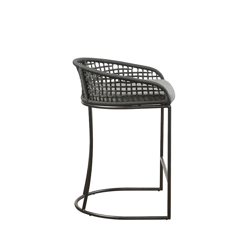 Tabouret de comptoir à dossier en corde tressée 1 place, hauteur d'assise 63,5 cm – Naturel / Gris foncé