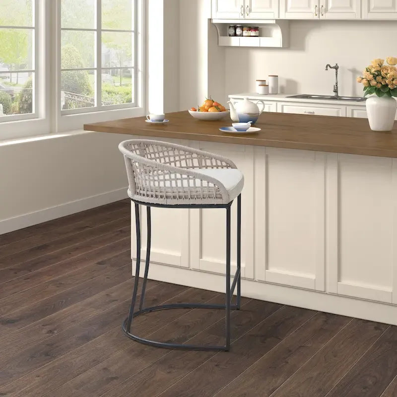 Tabouret de comptoir à dossier en corde tressée 1 place, hauteur d'assise 63,5 cm – Naturel / Gris foncé
