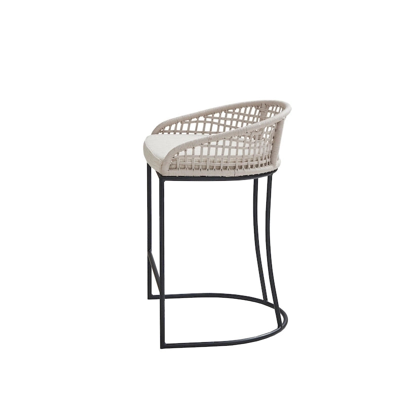 Tabouret de comptoir à dossier en corde tressée 1 place, hauteur d'assise 63,5 cm – Naturel / Gris foncé