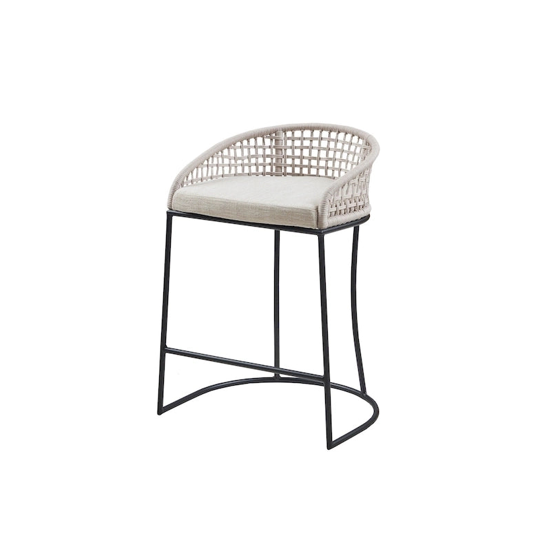 Tabouret de comptoir à dossier en corde tressée 1 place, hauteur d'assise 63,5 cm – Naturel / Gris foncé