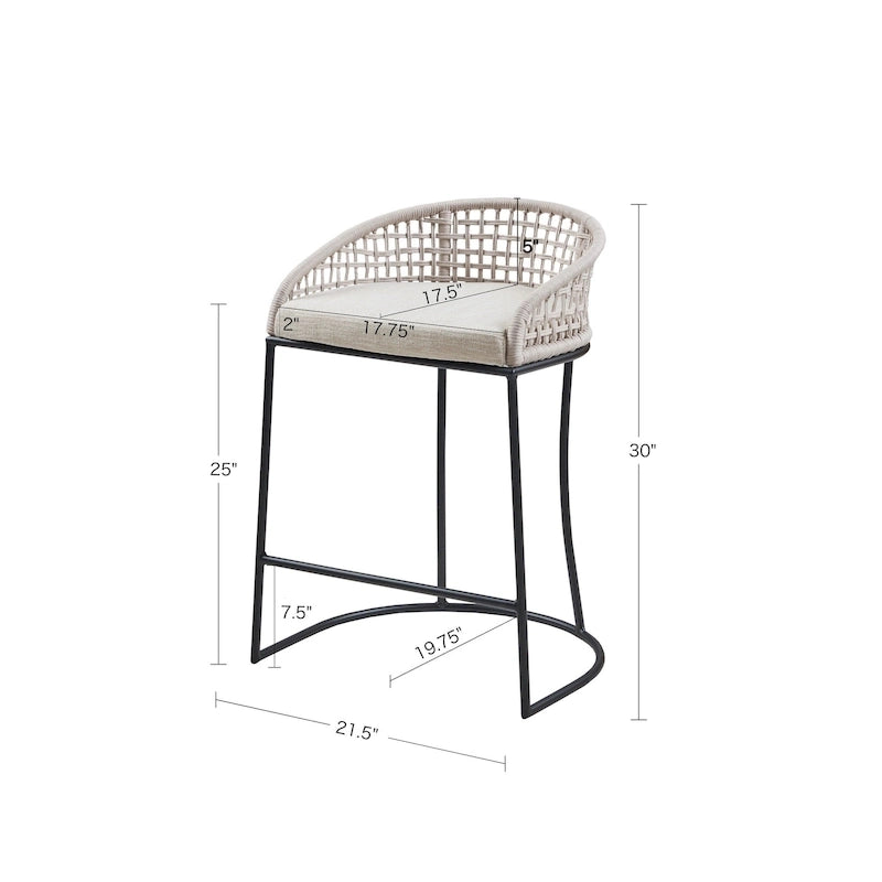 Tabouret de comptoir à dossier en corde tressée 1 place, hauteur d'assise 63,5 cm – Naturel / Gris foncé