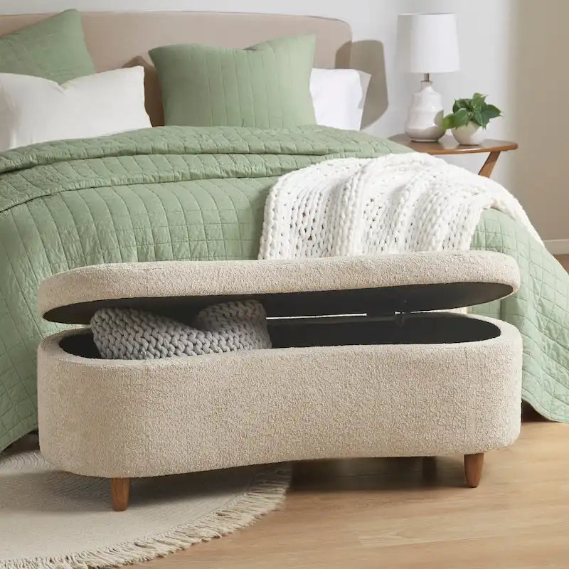 Banc de rangement capitonné en tissu bouclé avec couvercle – Vert / Crème / Chocolat / Taupe