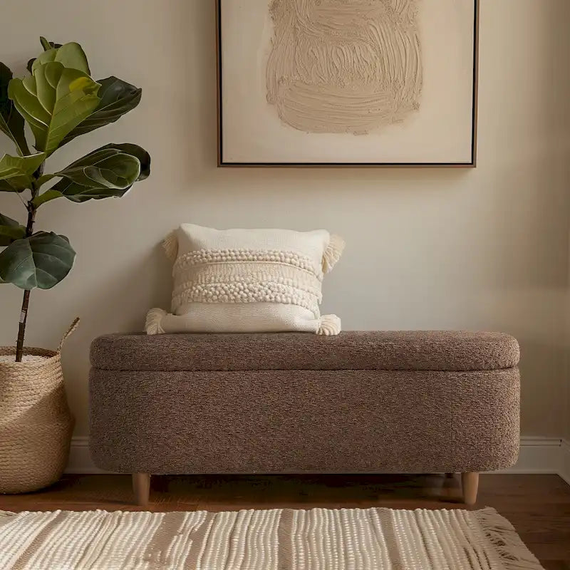 Banc de rangement capitonné en tissu bouclé avec couvercle – Vert / Crème / Chocolat / Taupe