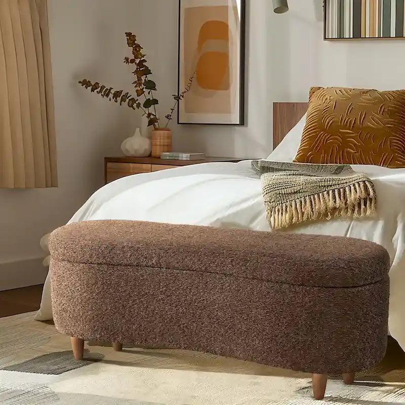 Banc de rangement capitonné en tissu bouclé avec couvercle – Vert / Crème / Chocolat / Taupe