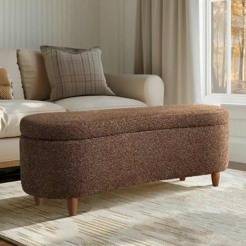Banc de rangement capitonné en tissu bouclé avec couvercle – Vert / Crème / Chocolat / Taupe