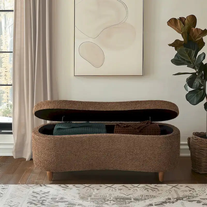 Banc de rangement capitonné en tissu bouclé avec couvercle – Vert / Crème / Chocolat / Taupe