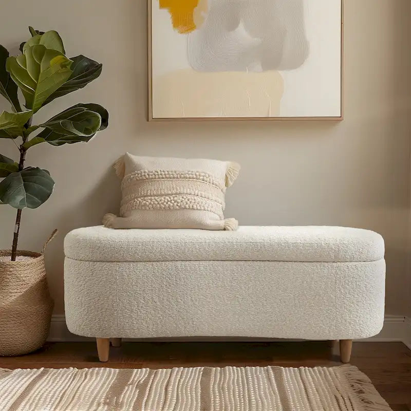 Banc de rangement capitonné en tissu bouclé avec couvercle – Vert / Crème / Chocolat / Taupe