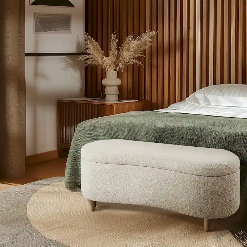 Banc de rangement capitonné en tissu bouclé avec couvercle – Vert / Crème / Chocolat / Taupe
