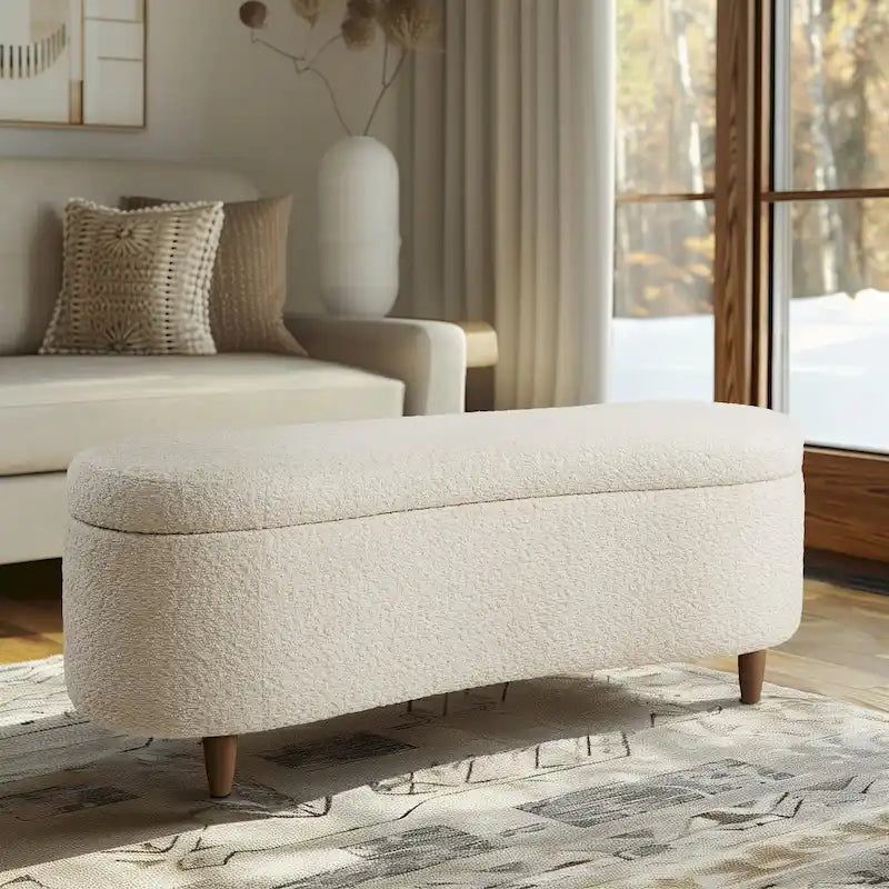 Banc de rangement capitonné en tissu bouclé avec couvercle – Vert / Crème / Chocolat / Taupe