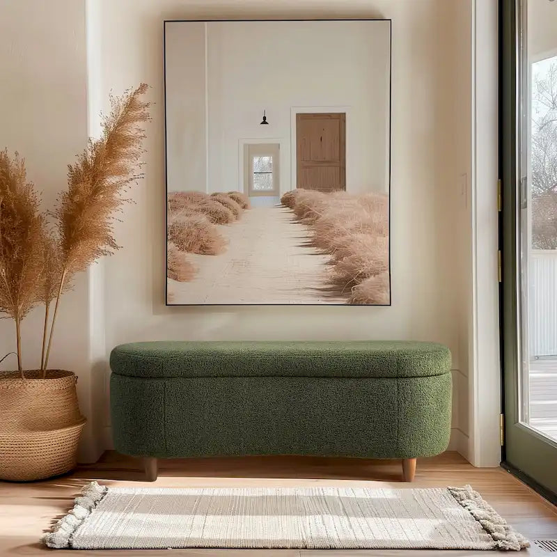 Banc de rangement capitonné en tissu bouclé avec couvercle – Vert / Crème / Chocolat / Taupe