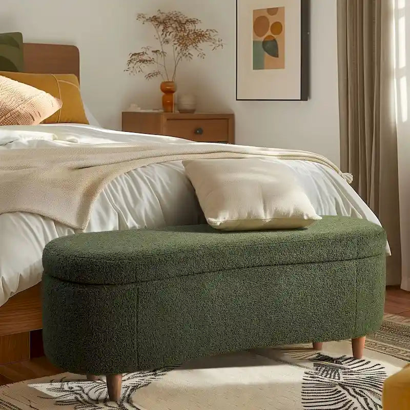 Banc de rangement capitonné en tissu bouclé avec couvercle – Vert / Crème / Chocolat / Taupe