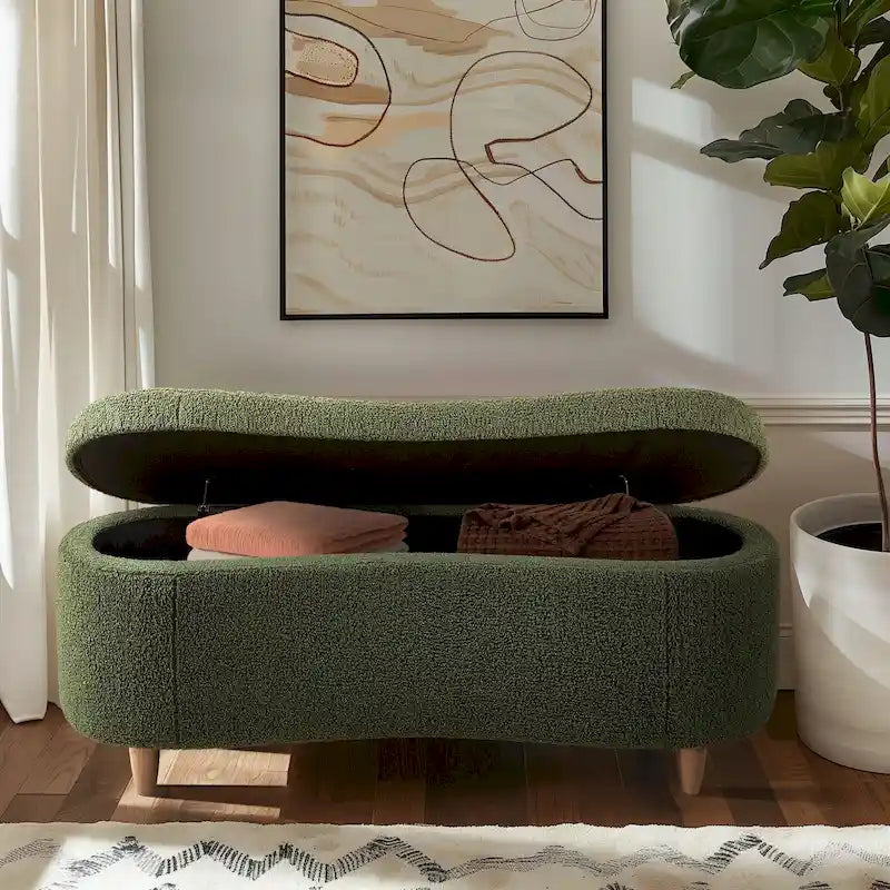Banc de rangement capitonné en tissu bouclé avec couvercle – Vert / Crème / Chocolat / Taupe