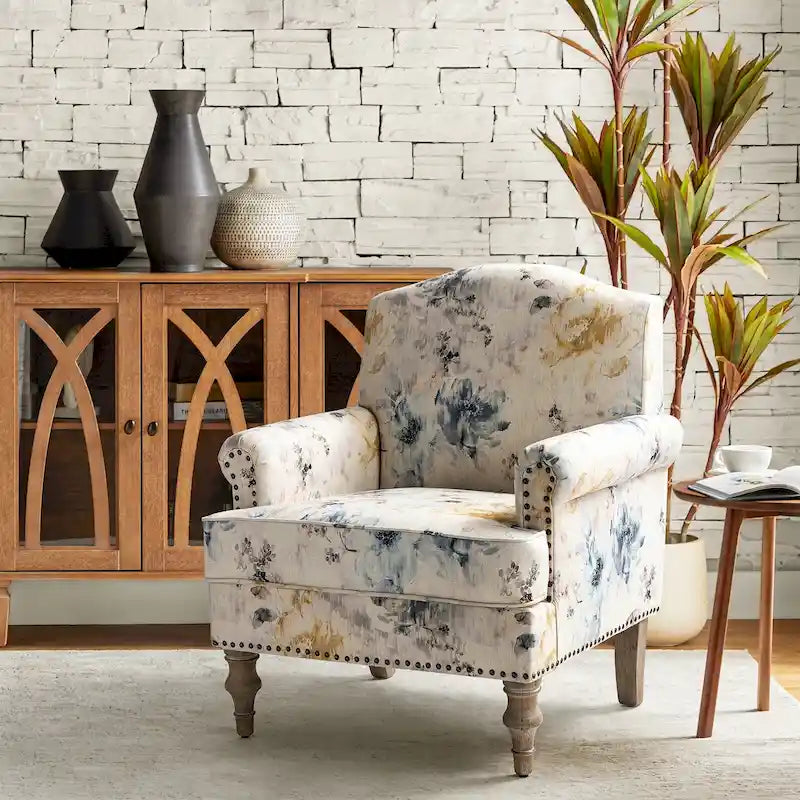 Fauteuil d'appoint clouté gris / Ferme – Une place, pieds en bois