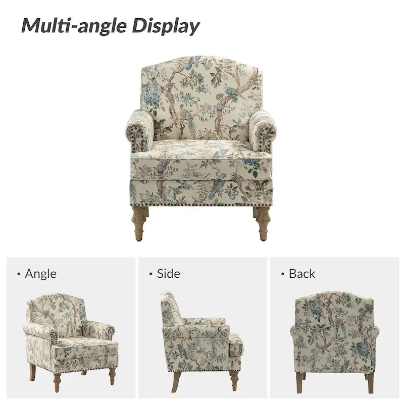 Fauteuil d'appoint clouté gris / Ferme – Une place, pieds en bois